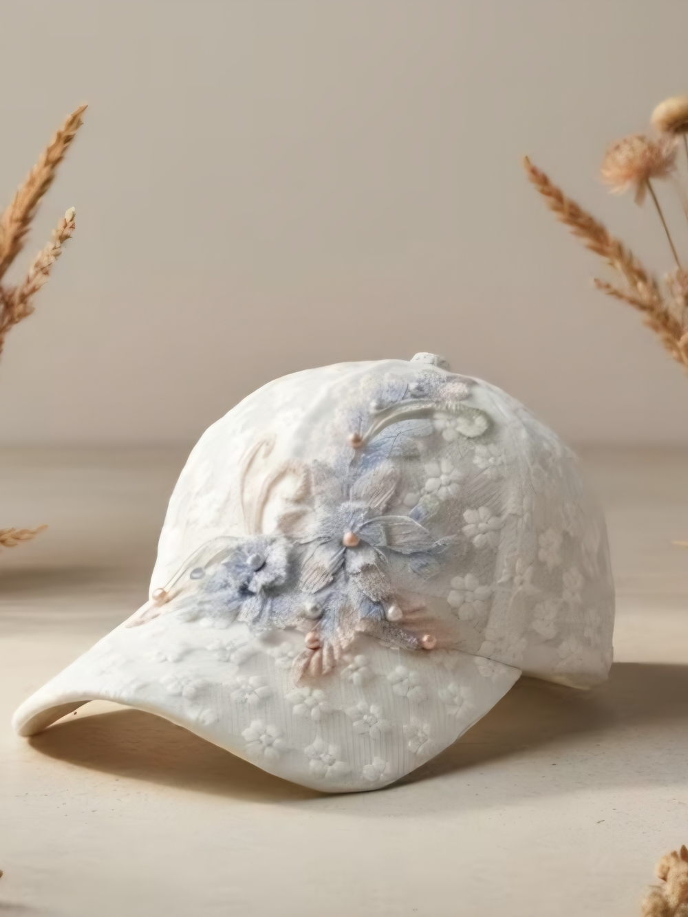 $Embroidered Floral Lace Baseball Cap in Ivory with Pastel Accents